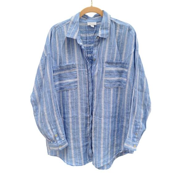 J. Jill Tops - J Jill Love Linen Blue White Striped Long Sleeve Abalone Button Up Shirt Medium